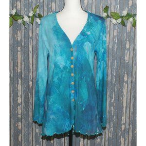 Soft Surroundings Ladies Blue LS Blouse Size M V-Neck Stretch Faux Button Up